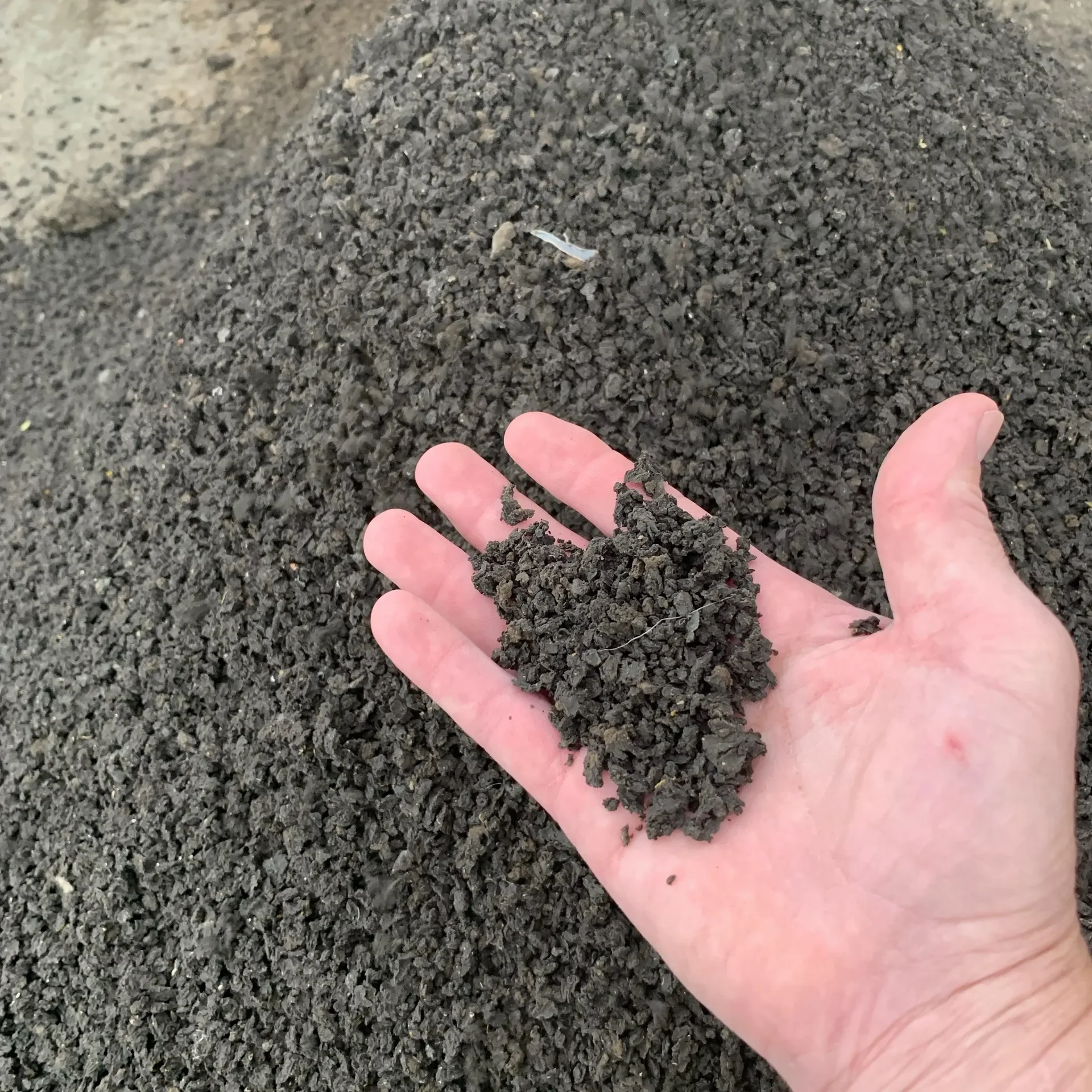 Dried biosolids held in a hand, showing the material texture.